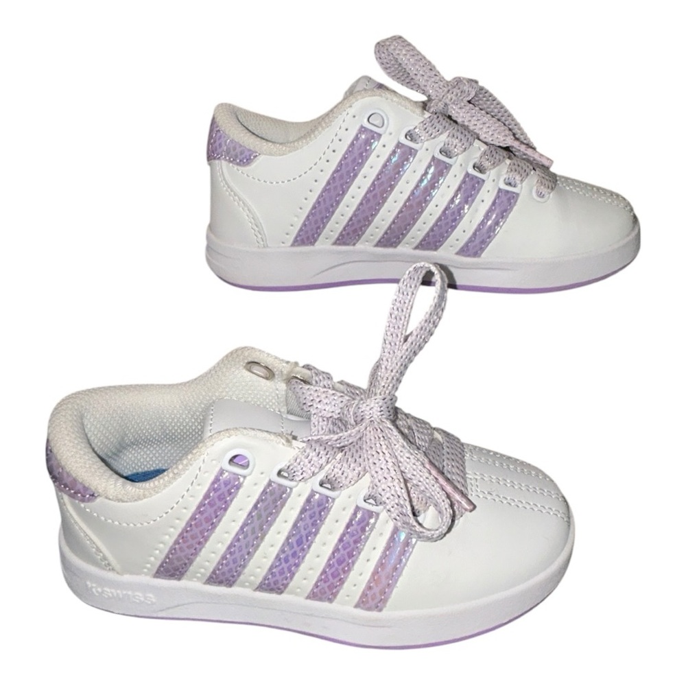 Toddler Girls K-SWISS White Leather Purple Glitter Stripe Sneakers kids Size 11 - Picture 7 of 12